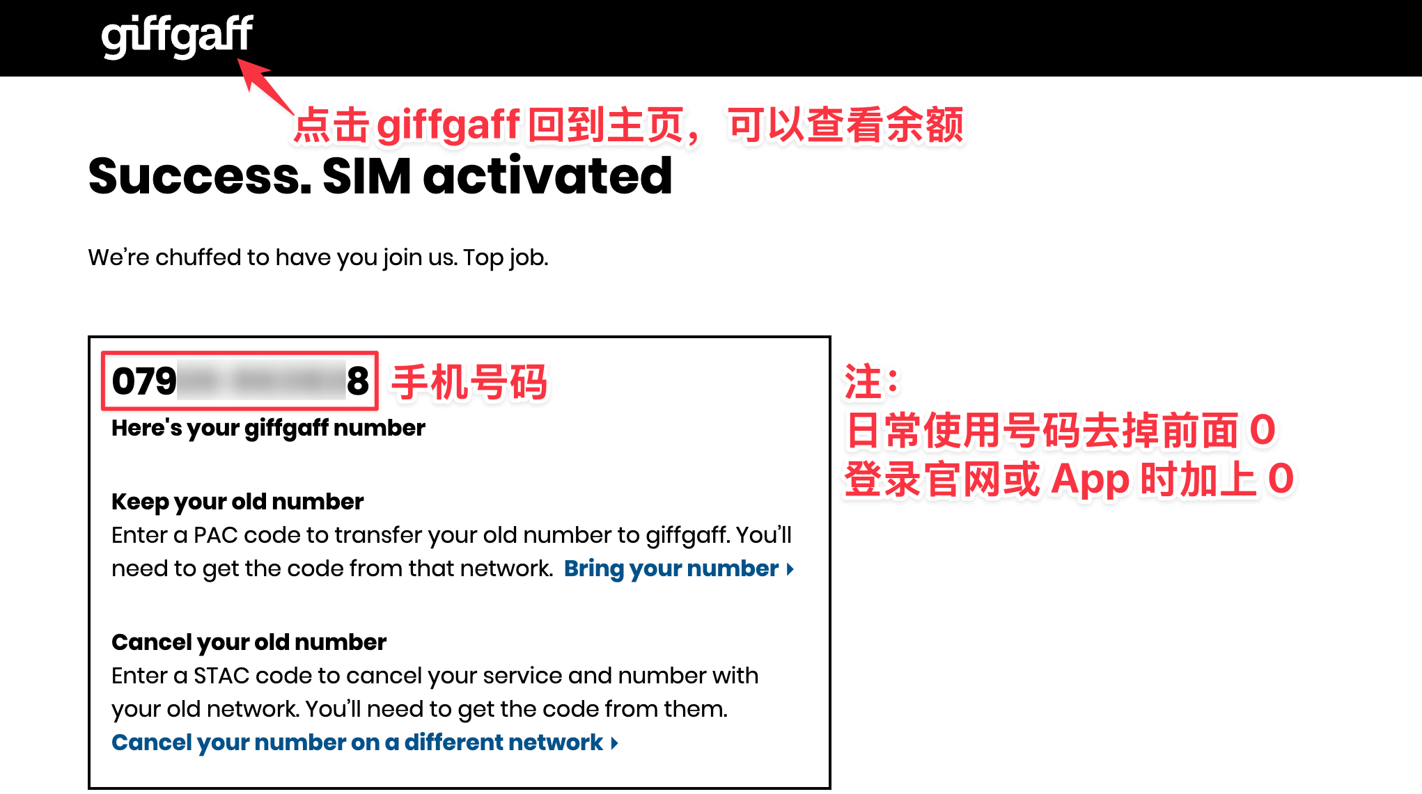 giffgaff 显示英国号码页面